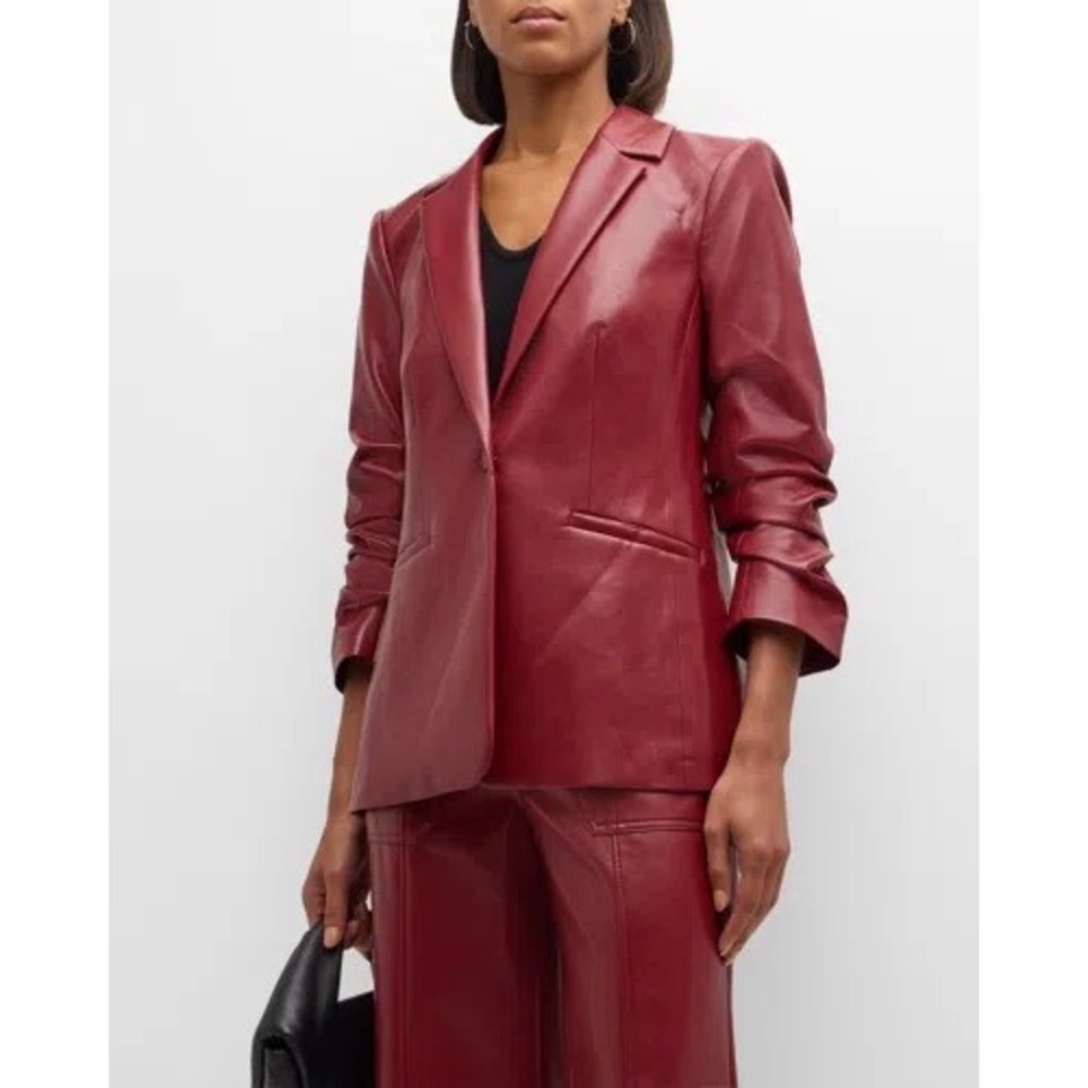 NWT Cinq a Sept Kylie Vegan Leather Jacket Sz 0 Rhubarb Red Ruched Sleeve Blazer - Picture 4 of 16